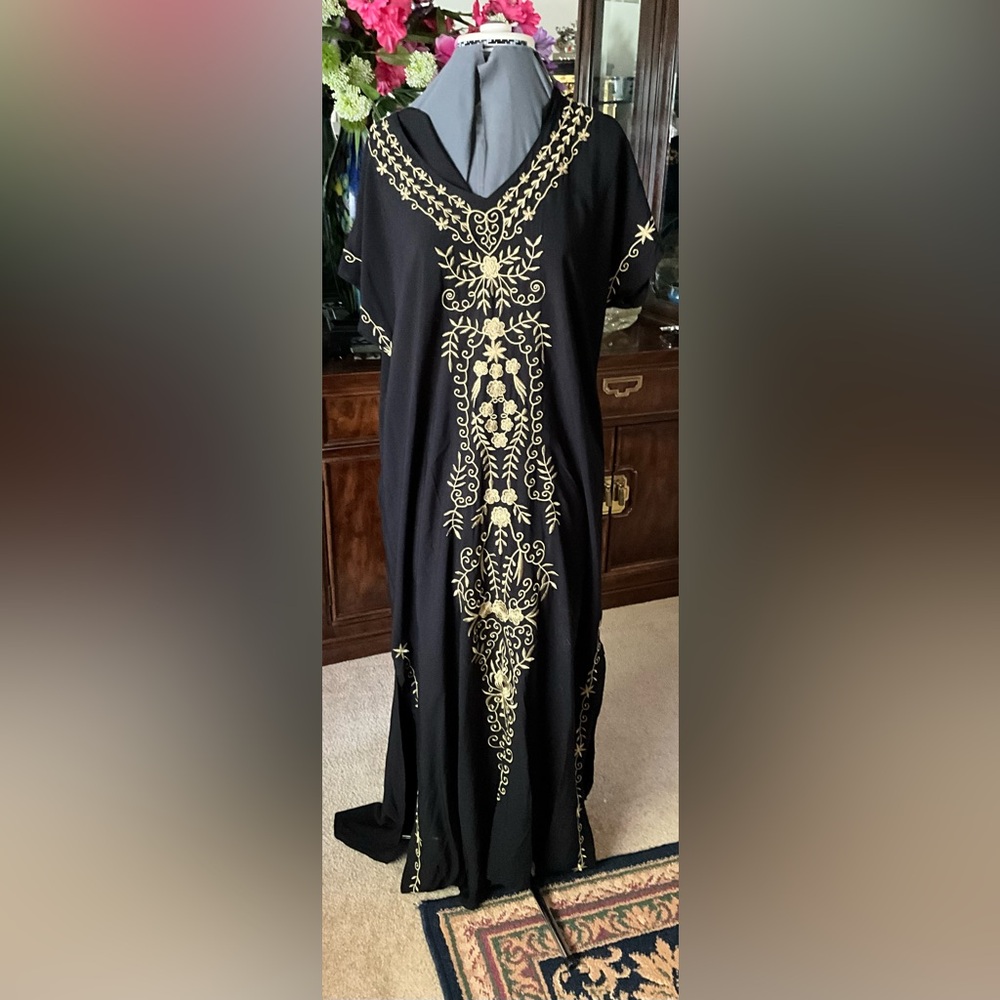 Black Maxi Kaftan Gold Embroidered Motif